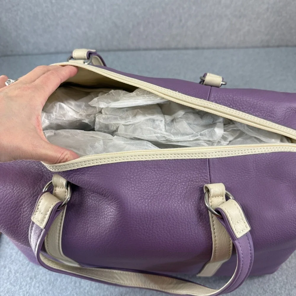 Levenger Leather Duffel Travel Weekend Touring Bag Grape Purple Cream Strap NEW
